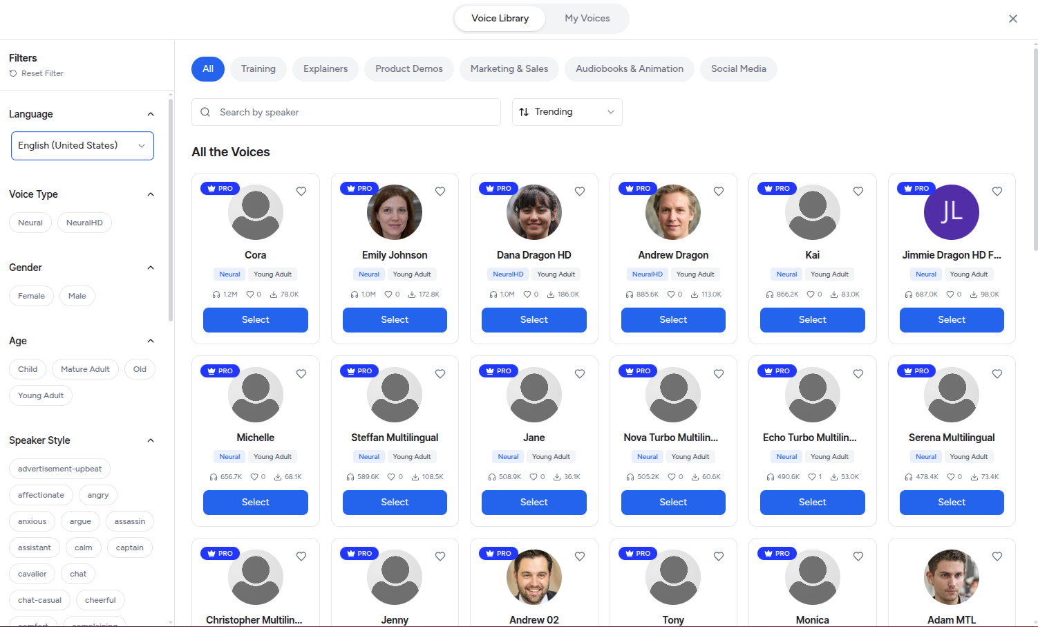 Voiceup voice gallery — 600+ voices across 150+ languages with instant preview