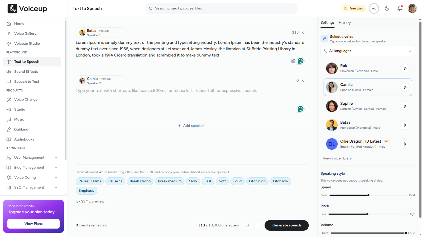 VoiceUp studio — text-to-speech engine with voice gallery and export controls